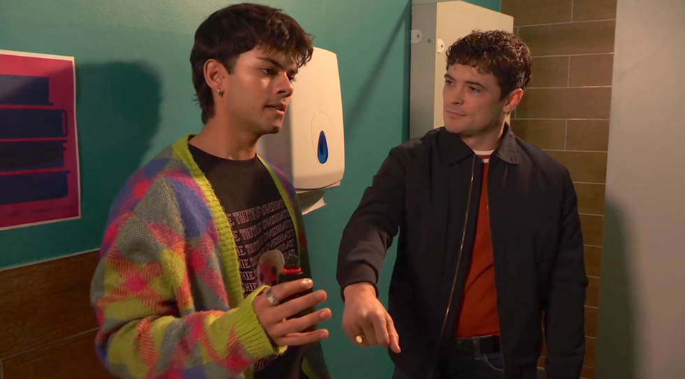 dillon and rex in hollyoaks, two men talk in a bathroom