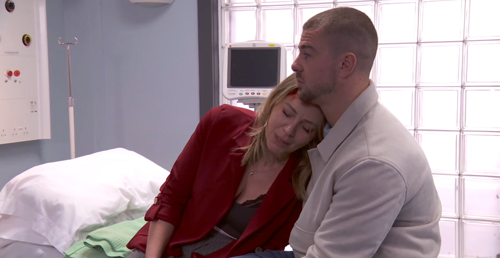 marie fielding and joel dexter in hollyoaks, a son comforts his mother as they sit on a hospital bed