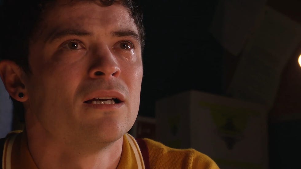 hollyoaks, rex gallagher, extreme close up on his face with intense look of fear and tears in his eyes