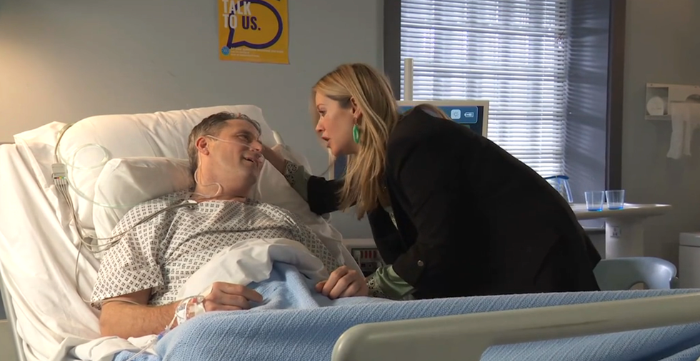 tony and diane hutchinson in hollyoaks, a man lies in a hospital bed as his ex wife comforts him