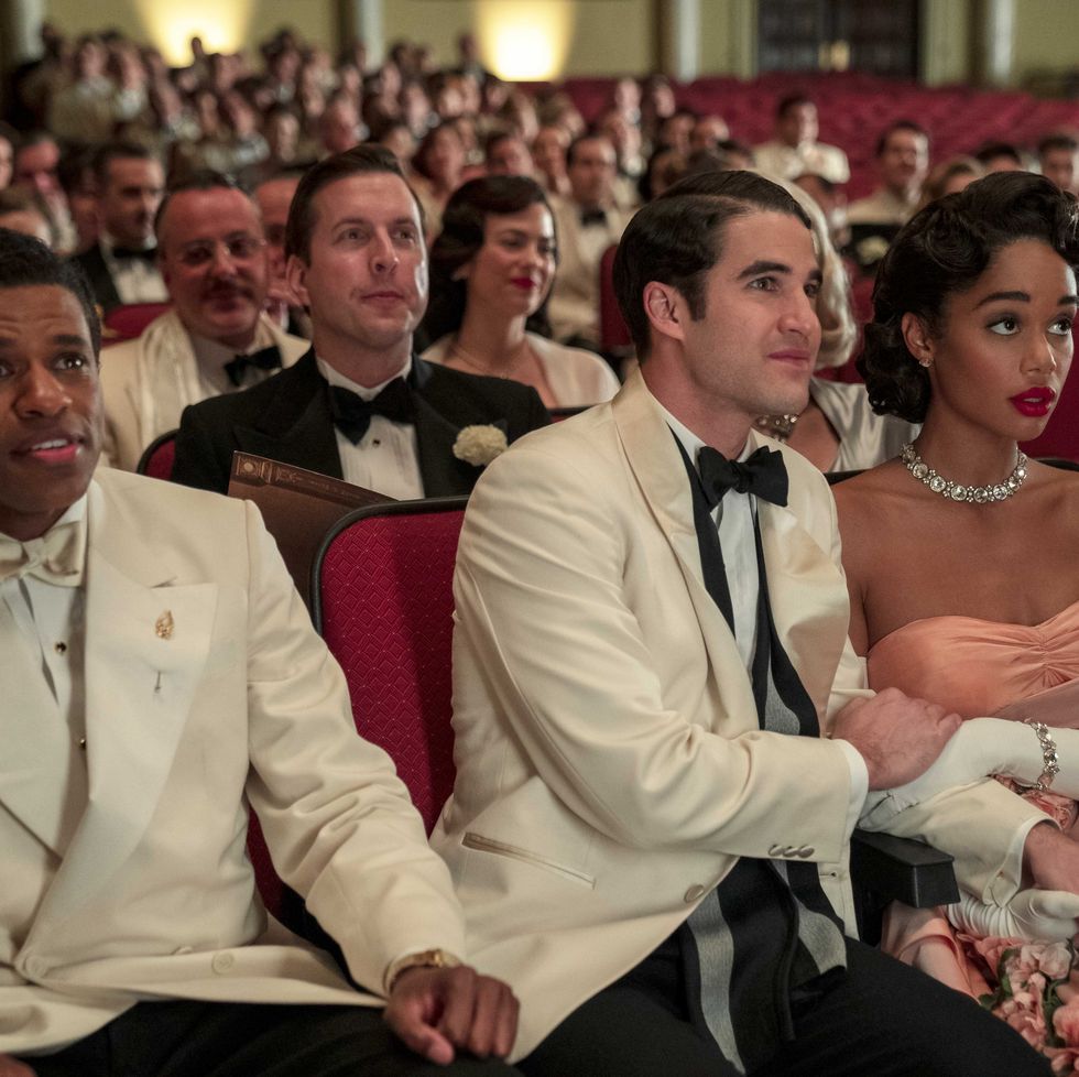 jeremy pope, darren criss, and laura harrier in netflix's hollywood