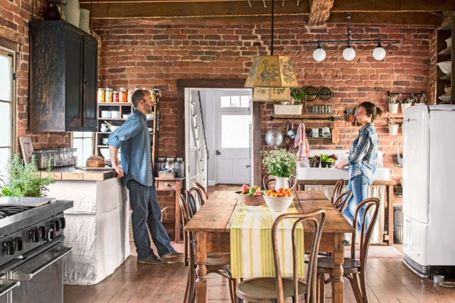 farmhouse kitchen with brick wall