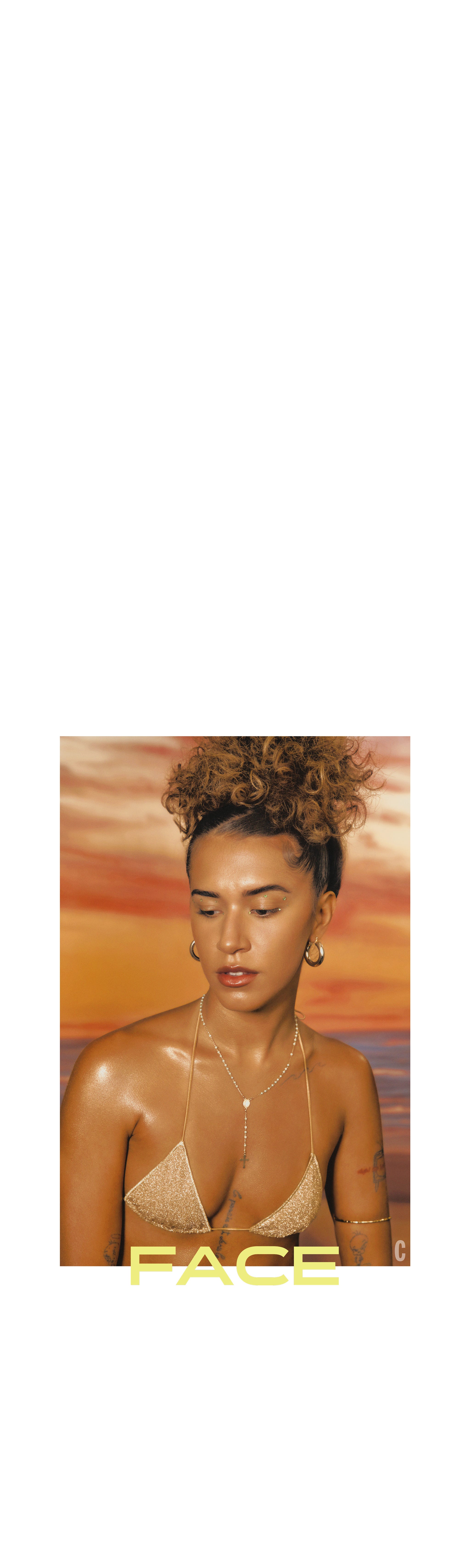 portrait of a woman with a golden bikini and beach background