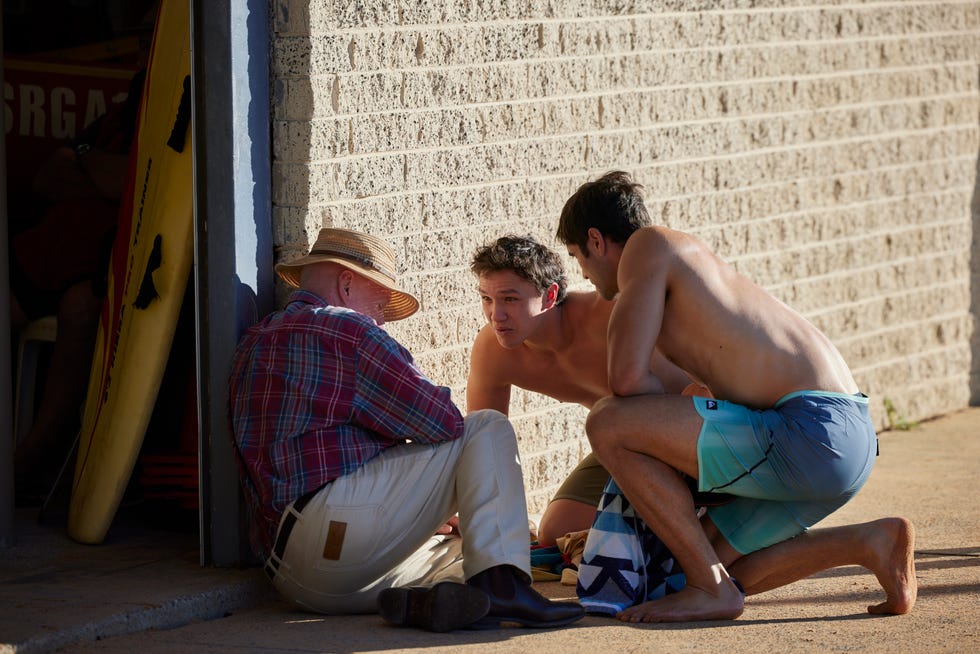 embargo 04112024 Perri Hayes, Tane Parata and Harper Matheson help Alf Stewart when he suffers from chest pains at home and away