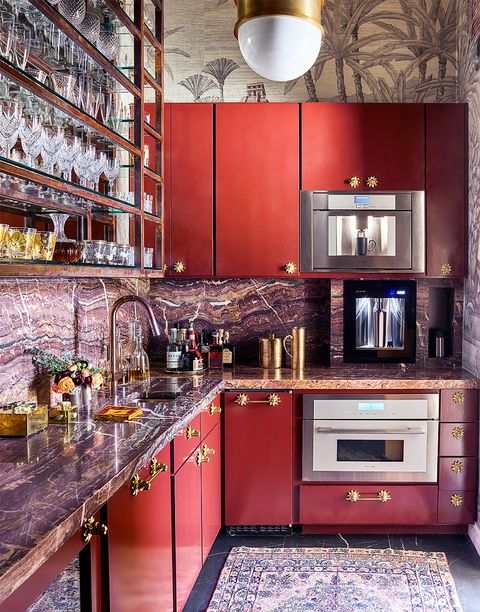 Countertop, Cabinetry, Room, Kitchen, Red, Furniture, Interior design, Property, Building, Tile, 