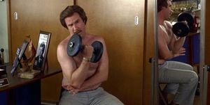 Ron Burgundy lifting weights