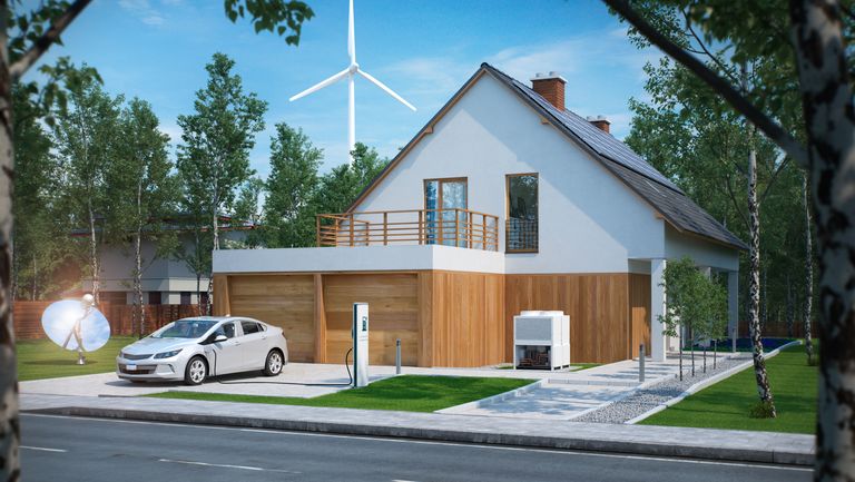 home electric car charging with solar power and wind power turbine in the background
