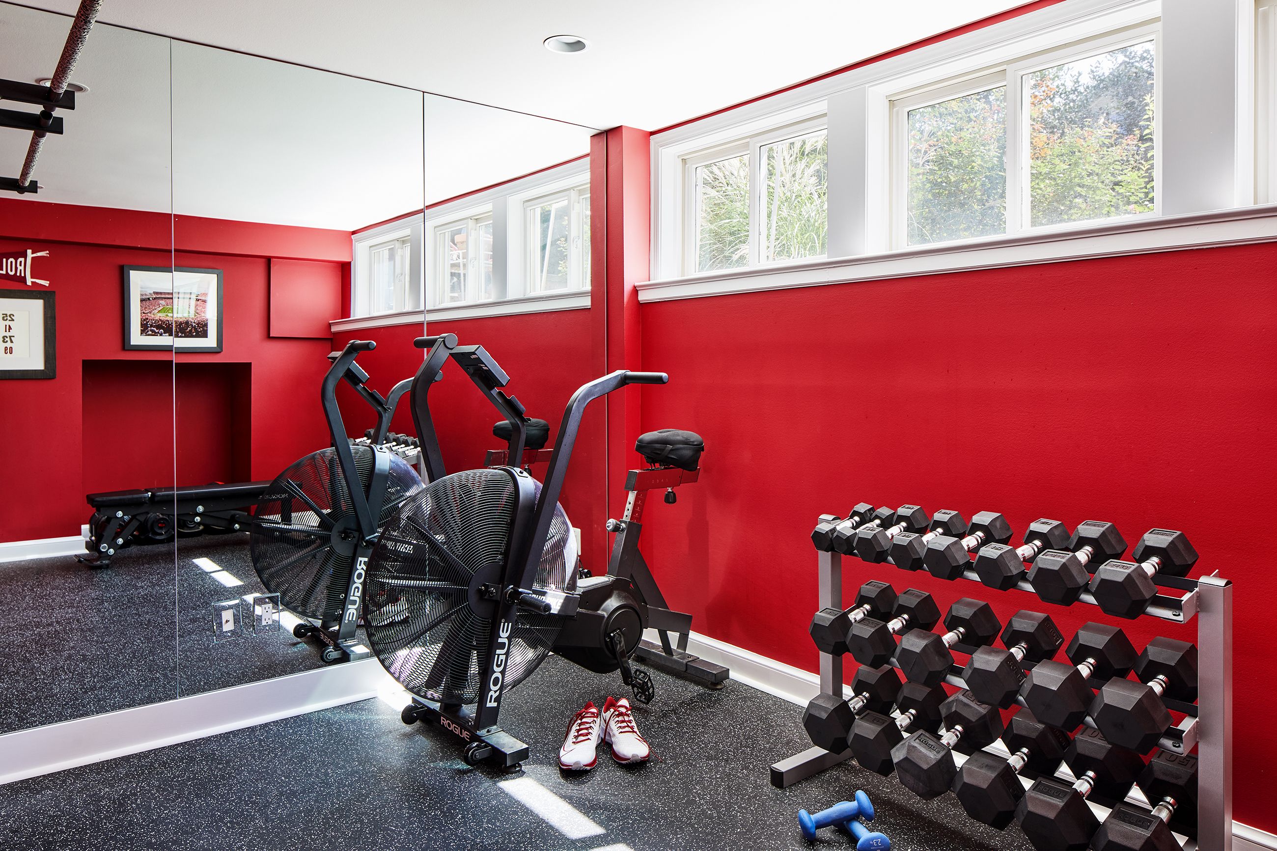 home gym decorating ideas with red wall