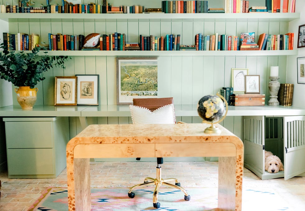 home office ideas, home office with walls and shelves painted in koi pond by sherwin williams