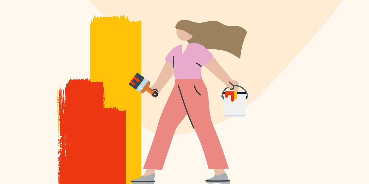 graphic of woman with paint bucket and brush