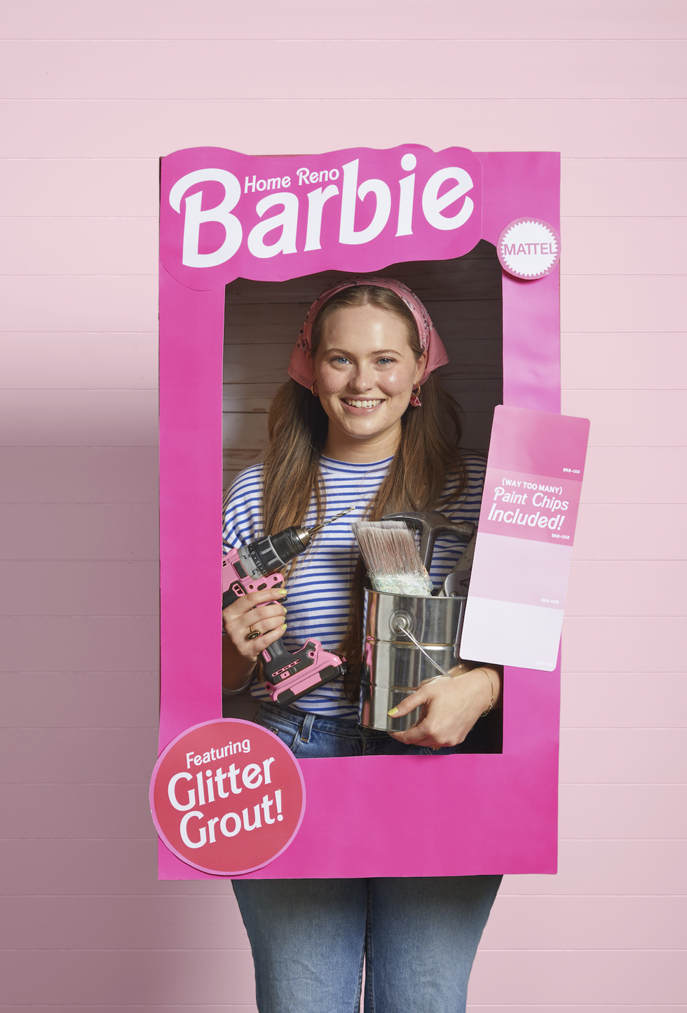 home reno barbie halloween costume featuring a woman wearing a pink box and holding paint swatches and a paint can