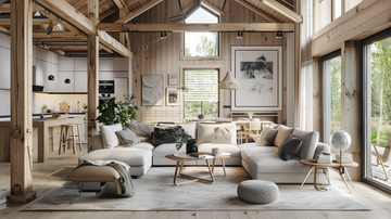 cabaña de madera: salón con grandes ventanales