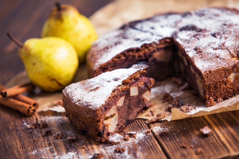 homemade chocolate pie with pears and cinnamon
