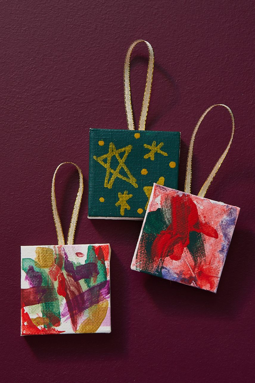 homemade christmas ornaments, mini canvas with ribbon