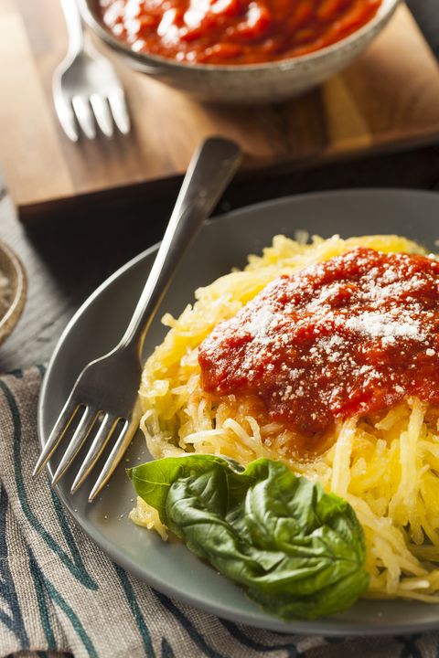 homemade cooked spaghetti squash pasta with marinara sauce