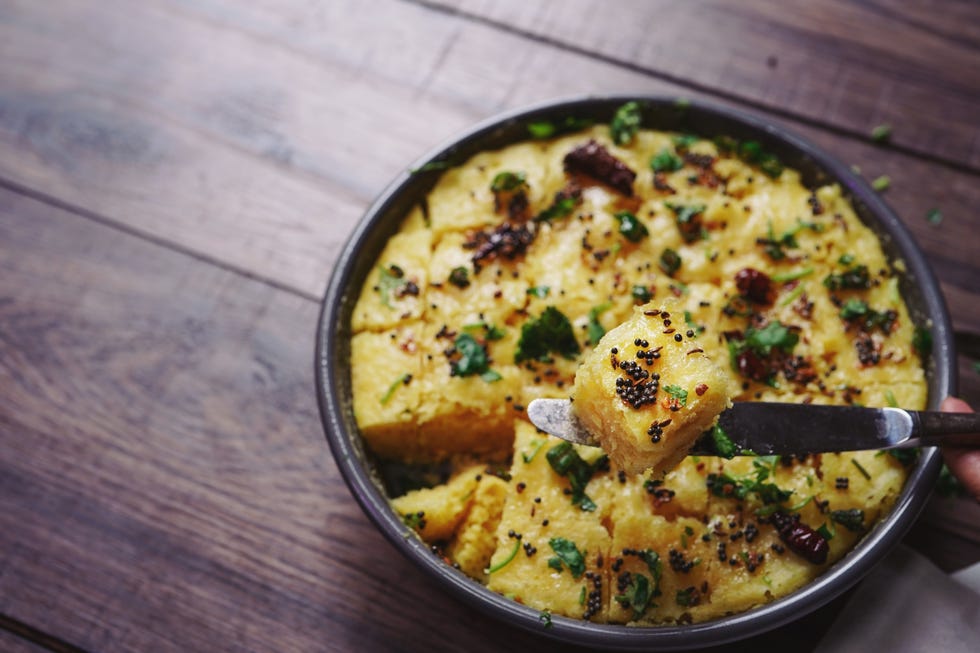 homemade dhokla steamed chickpea flour cake from gujarat, india