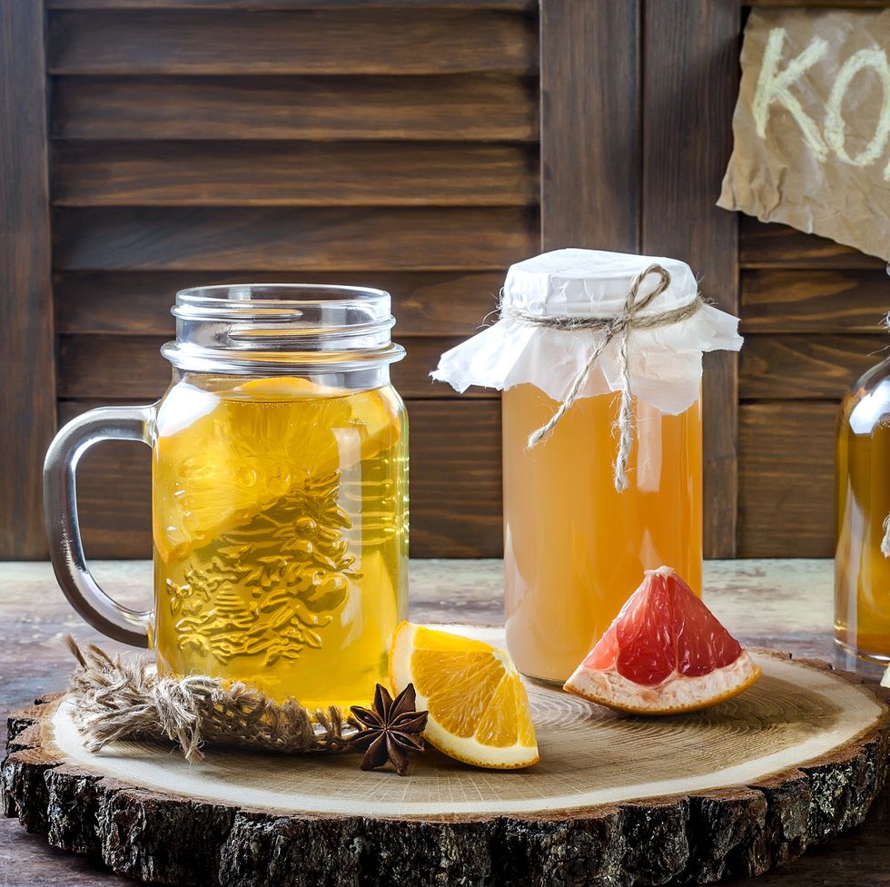 homemade fermented raw kombucha tea with different flavorings healthy natural probiotic flavored drink