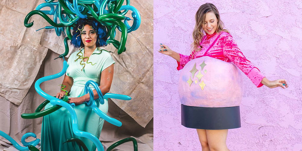 homemade halloween costumes, woman wearing balloons on her head, woman dressed in a diy crystal ball costume