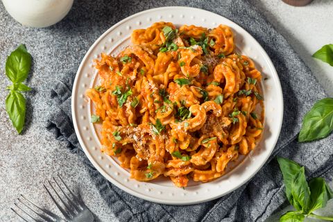 homemade italian cascatelli pasta with tomato sauce