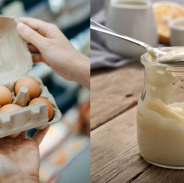 homemade mayonnaise in a mason jar next to image of woman holding 6 pack of eggs in shop