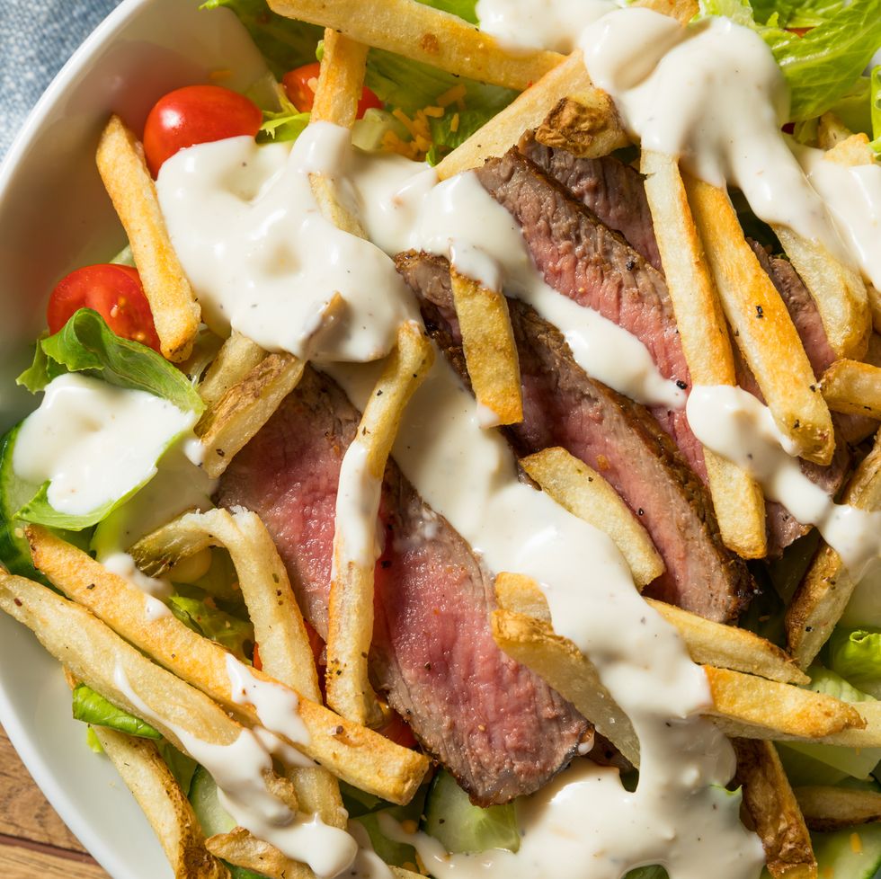 homemade pittsburgh salad with steak,directly above shot of food in plate