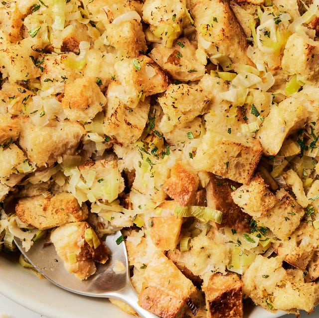 classic homemade turkey stuffing in a serving dish