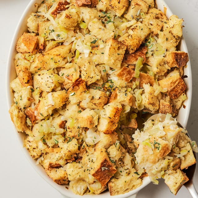 classic homemade turkey stuffing in a serving dish