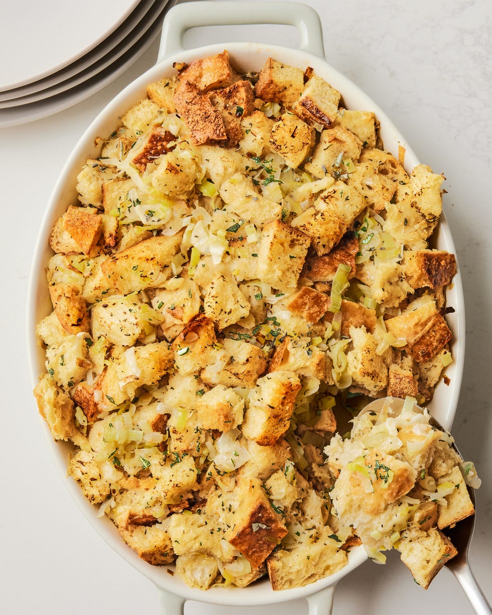 classic homemade turkey stuffing in a serving dish