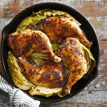 a pan of honey mustard roasted chicken and cabbage