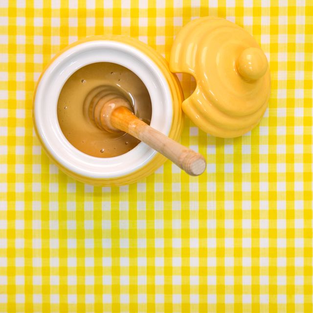 Manuka Honey pot and dipper on yellow background with copy space.