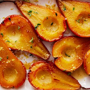 sliced pears roasted and caramelized in the oven with lemon zest