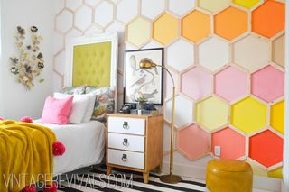 Room, Yellow, Orange, Interior design, Wall, Wallpaper, Furniture, Pink, Pattern, Design, 