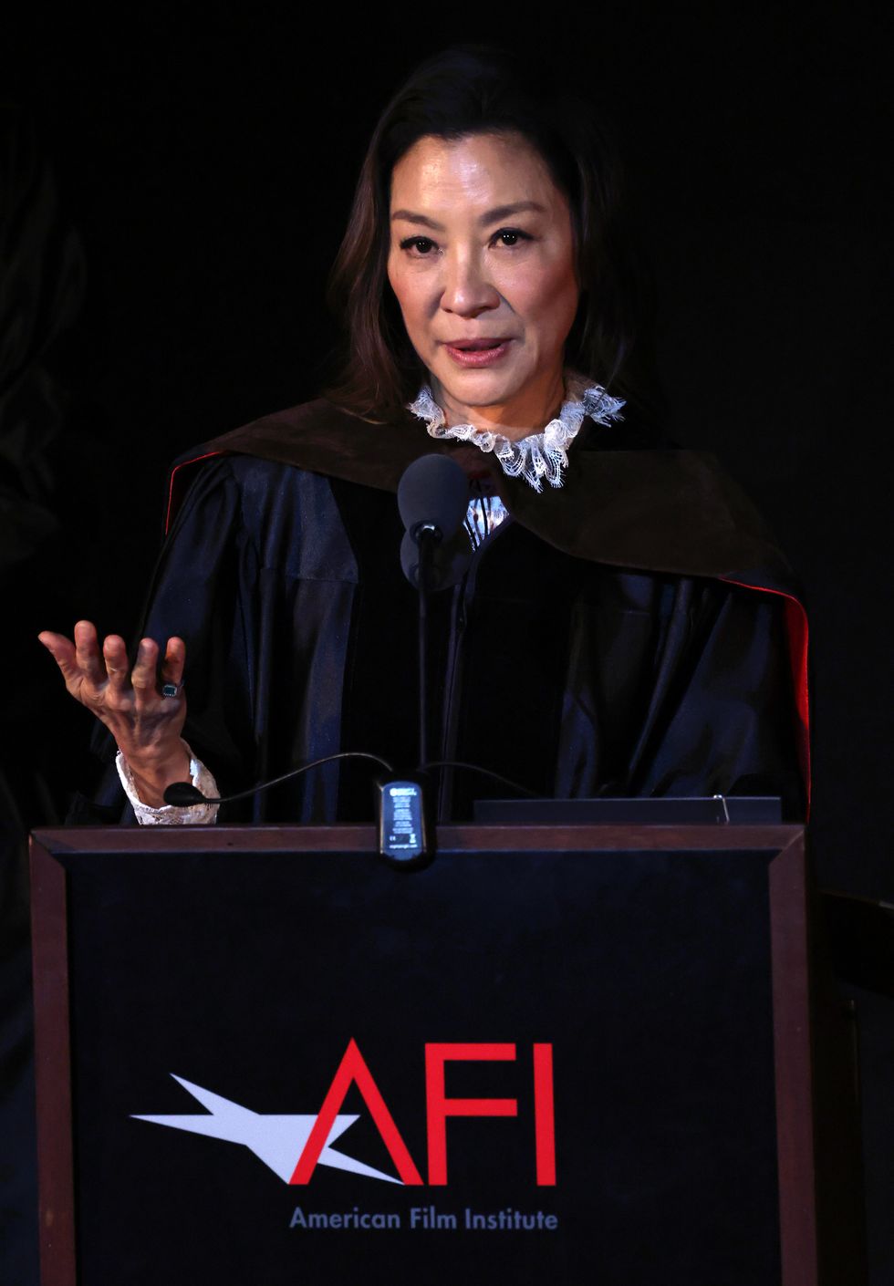 honorary doctorate recipient michelle yeoh speaks on stage at the afi conservatory class of 2022 commencement ceremony at tcl chinese theatre
