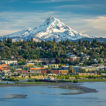 sweeping view of hood river oregon including mountain and river