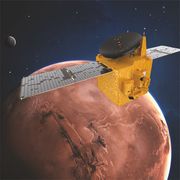 an illustration of the uae's hope probe in orbit around mars