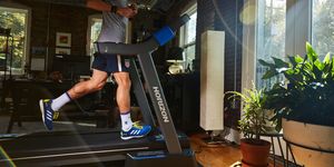 running in living room on horizon folding treadmill