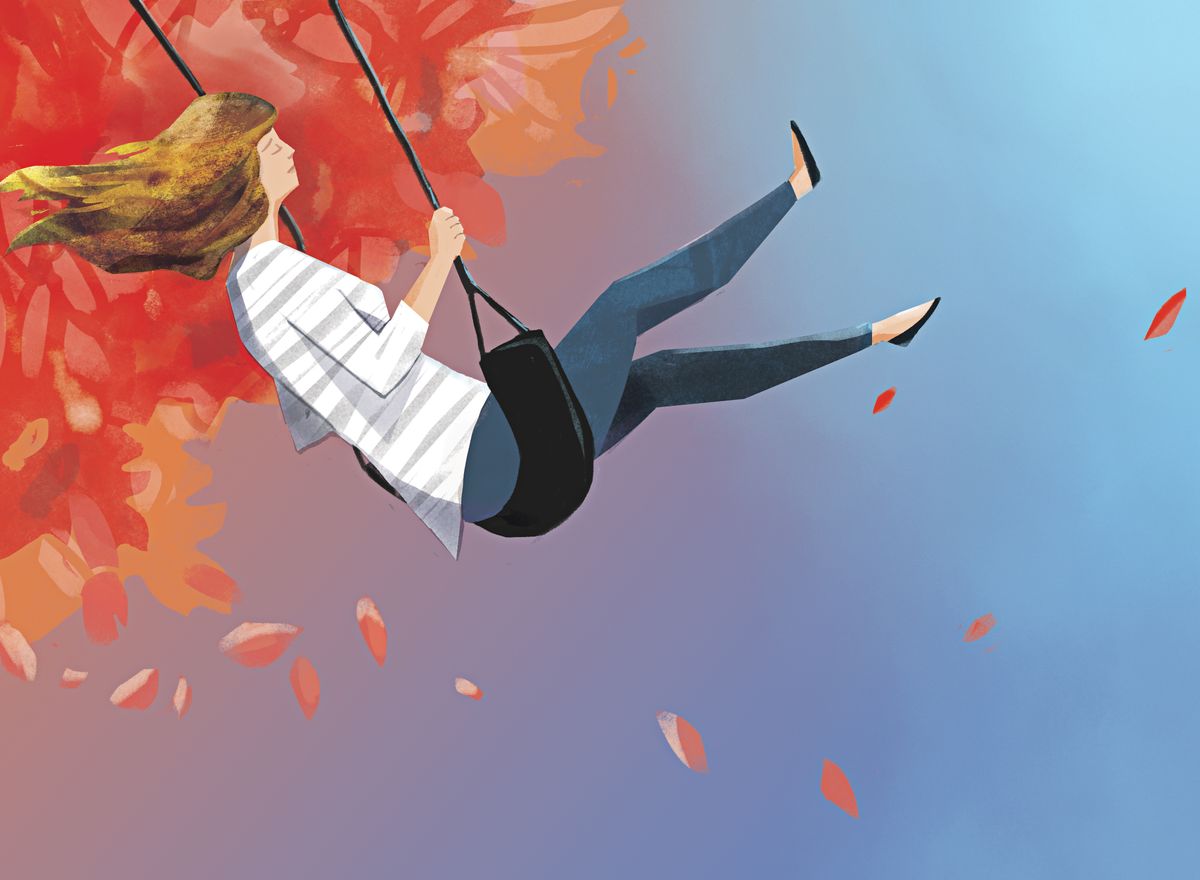 illustration, woman riding swing in fall or autumn outdoor setting, hrt, hormone replacement therapy