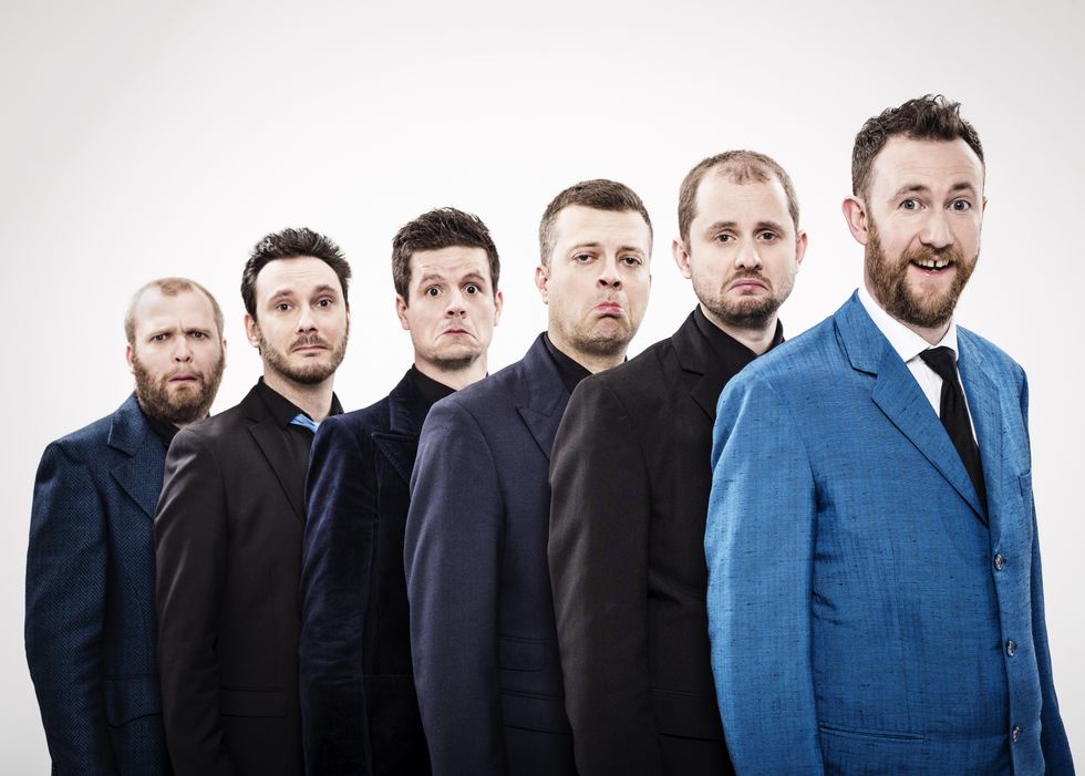 the horne section band lineup, featuring alex horne from taskmaster at the front of the photo on the right