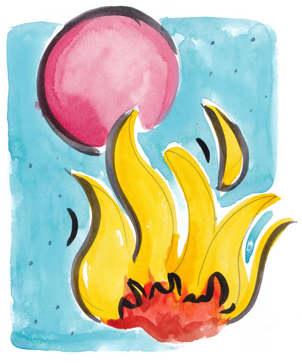 a watercolor painting of a fire