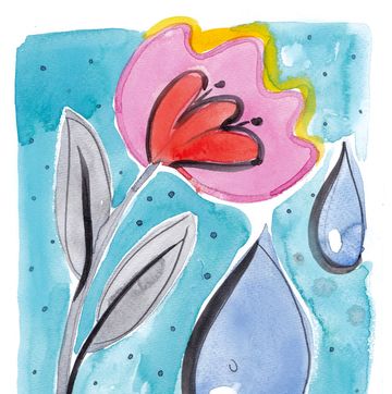 a watercolor painting of a flower and two large drops of water
