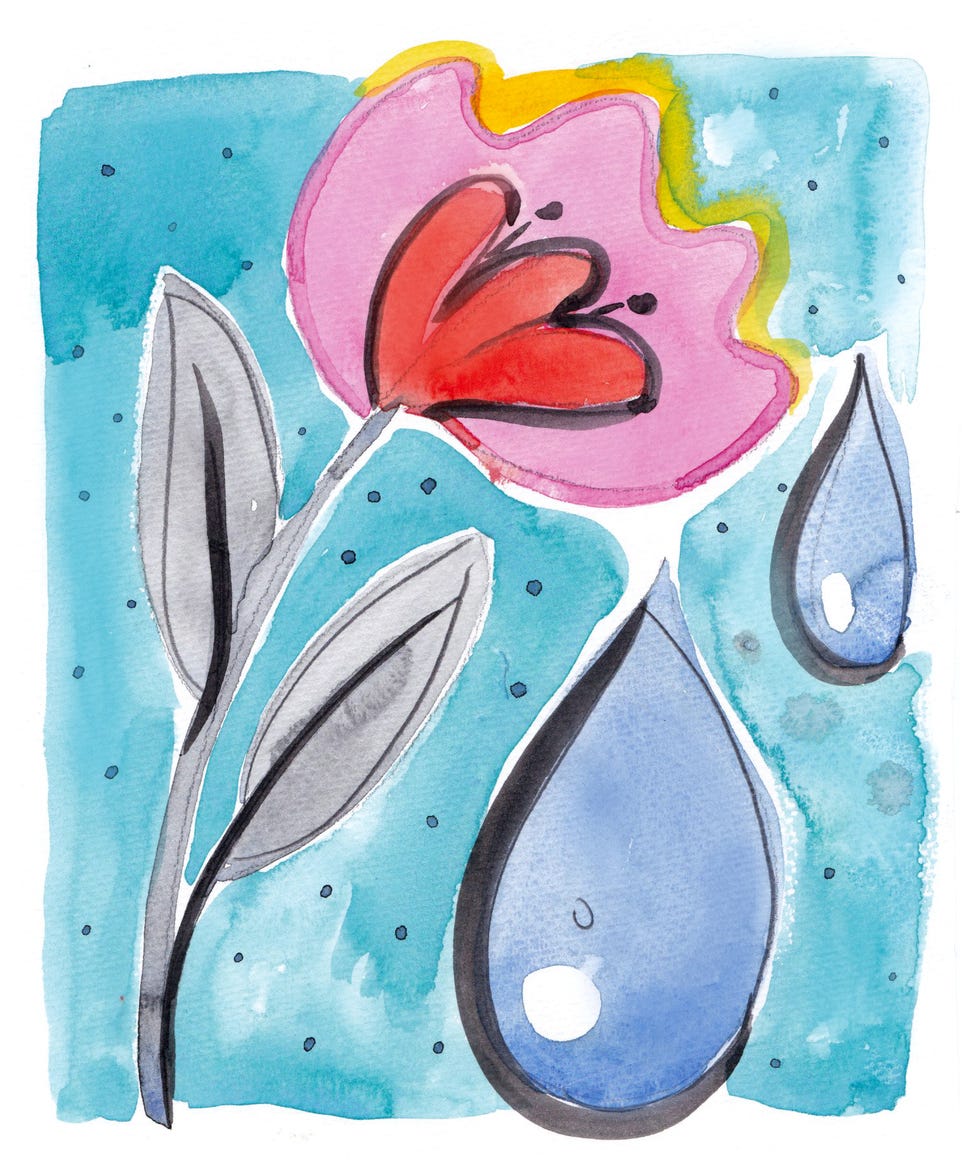 a watercolor painting of a flower and two large drops of water