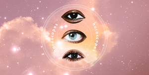 three disembodied eyes, circled by the word "horoscopes," look out at the viewer over a background of a purple starry sky