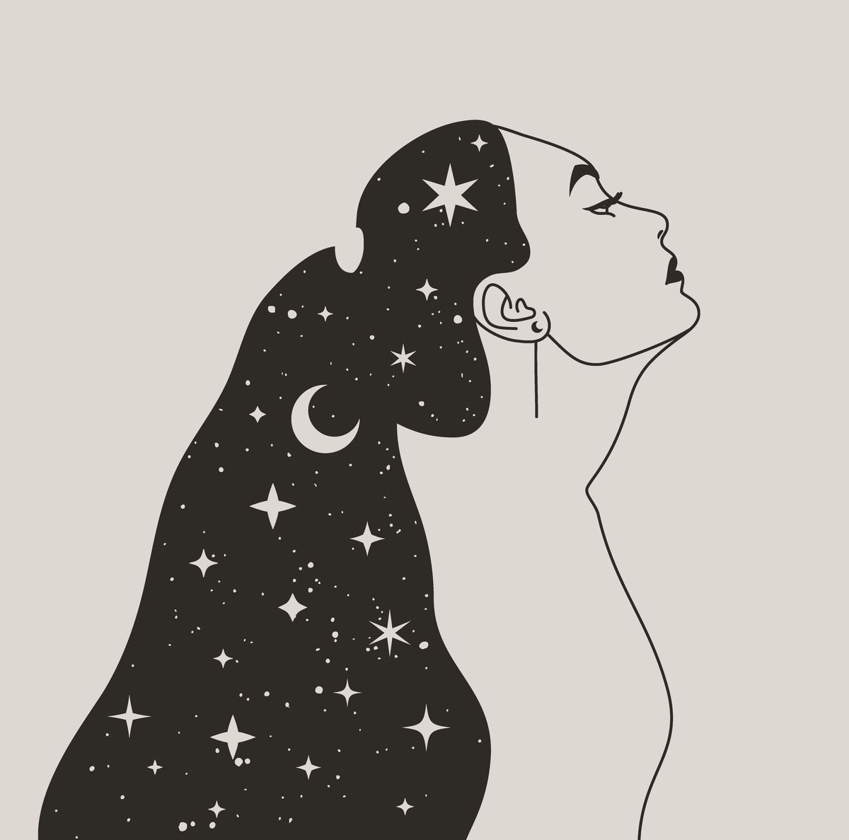 set of mystical woman and moon, stars and hand in a trendy boho style vector space portrait of a girl in profile for wall print, t shirt, tattoo design, for social media post and stories
