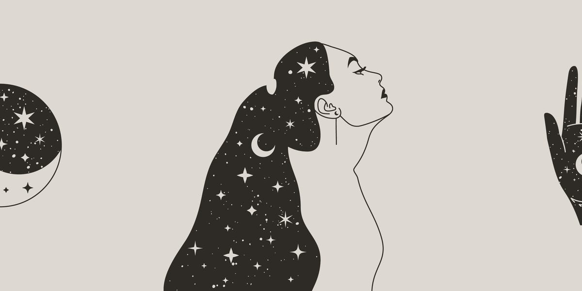 set of mystical woman and moon, stars and hand in a trendy boho style vector space portrait of a girl in profile for wall print, t shirt, tattoo design, for social media post and stories