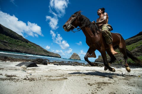Vohi traint een van zijn paarden op het strand van Hane