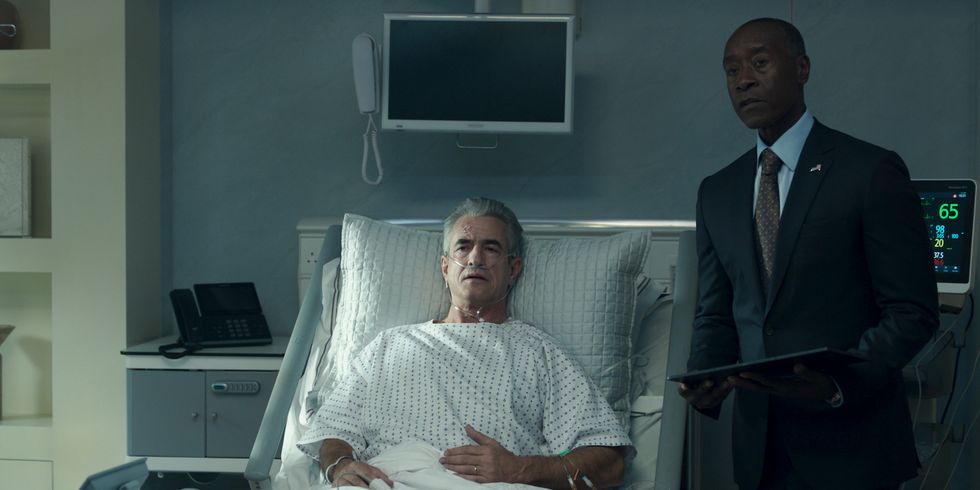 l r dermot mulroney as president ritson and don cheadle as james 'rhodey' rhodes in marvel studios' secret invasion, exclusively on disney photo courtesy of marvel studios © 2023 marvel