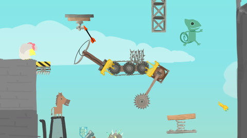  A screen capture of Ultimate Chicken Horse, a multiplayer madcap game of mayhem and fun.