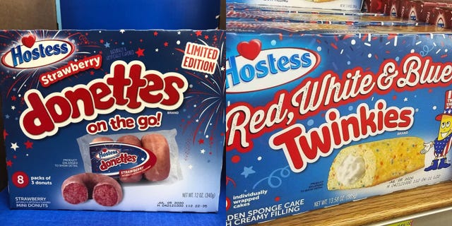 hostess strawberry donettes, red white and blue twinkies