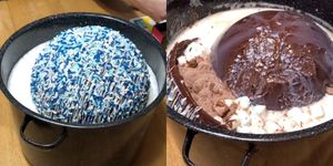 big hot cocoa bomb with blue and white sprinkles in a big black pot