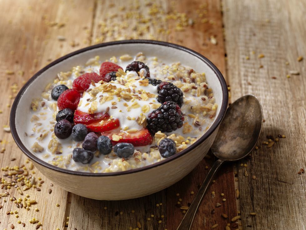 hot 7 grain breakfast cereal with yogurt and fresh fruit